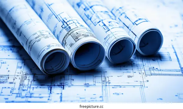 Rolled Architectural Drawings on Blueprint