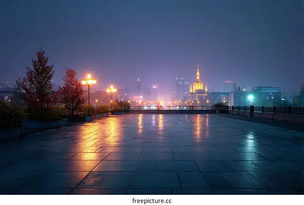 Night Cityscape Reflections on Wet Pavement