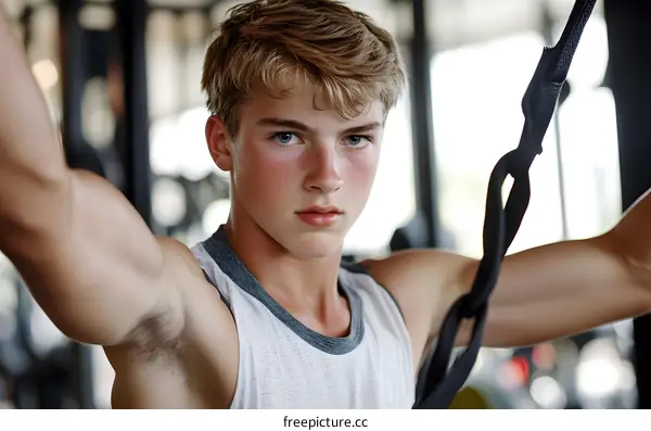 Young Man Exercising with Suspension Trainer in Gym