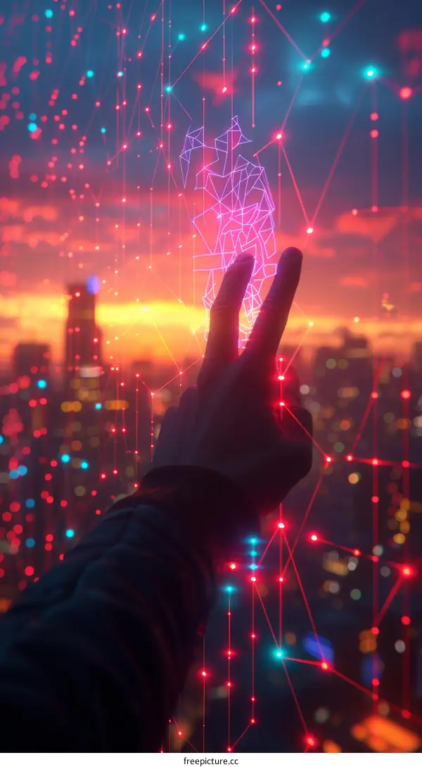 A hand making a peace sign in front of a city at sunset