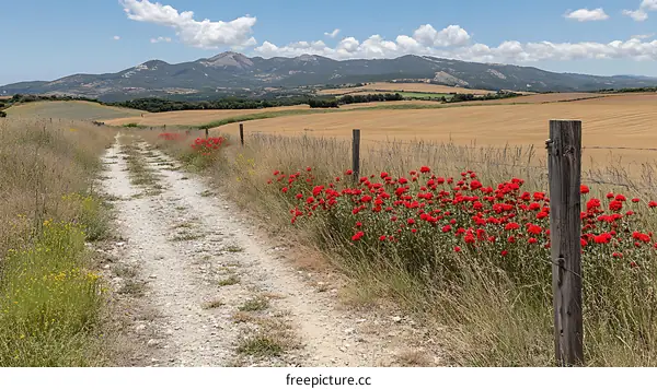 Countryside Path with Red Poppies and Mountains in the Background