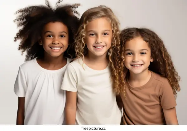 Three young girls of different ethnicities smiling together