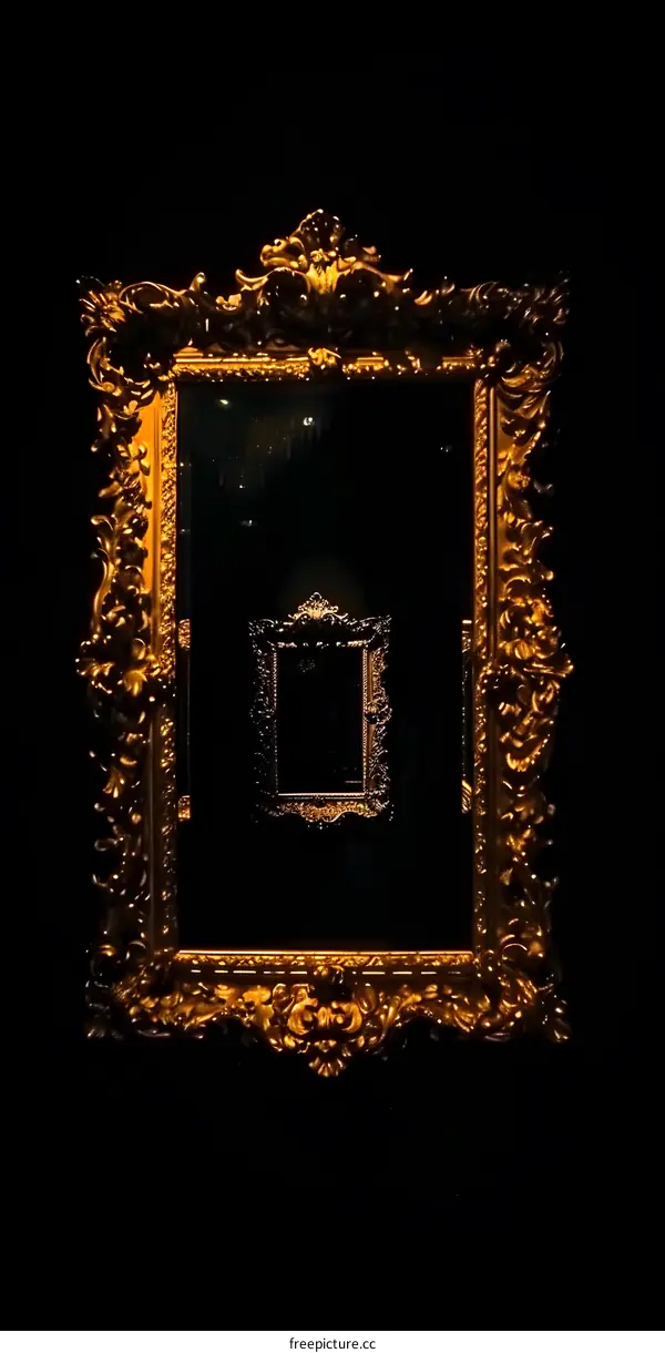 Gold Ornate Mirror Frame In Dark Background