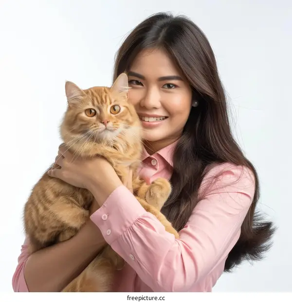 A young woman is holding an orange cat in her arms and smiling at the camera