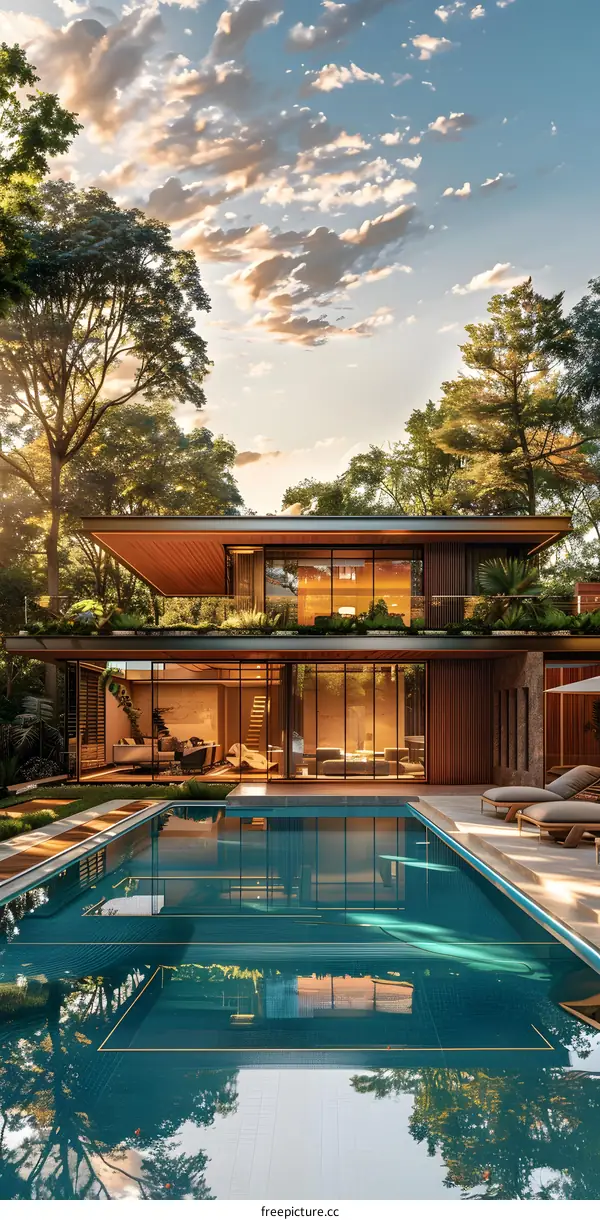 Modern house with pool and terrace in the forest