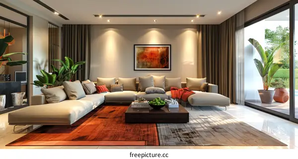 Modern Style Living Room with Sofa, Carpet, Coffee Table, and Green Plant
