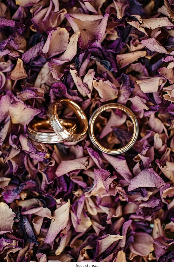 Three gold wedding rings on a bed of purple rose petals