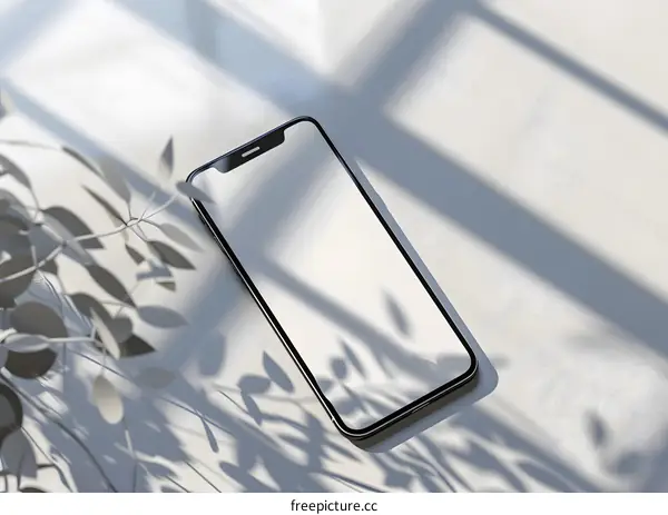 White Background Smartphone Mockup With Plant Shadow