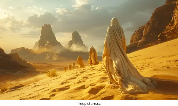 A group of people walking through a desert