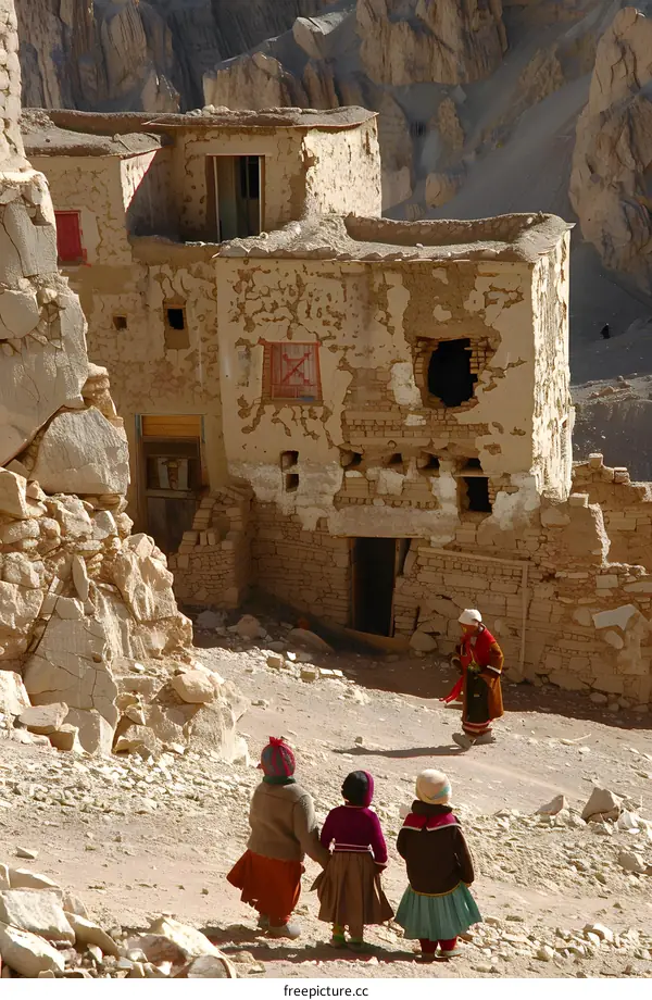 Old Building in the Mountain with People