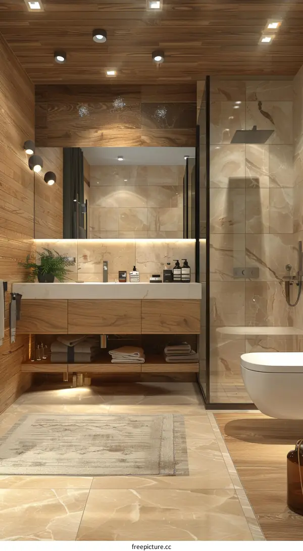Modern Bathroom with Wood and Marble Accents