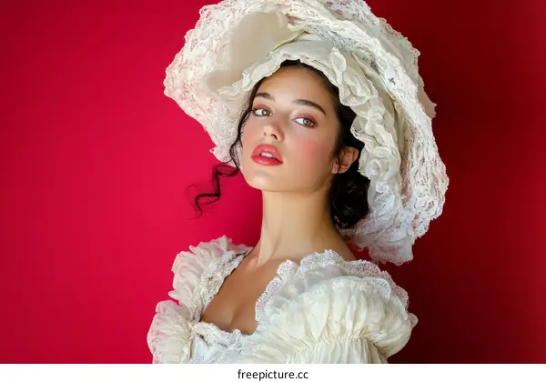 Elegant Woman in Vintage Lace Headpiece and Dress