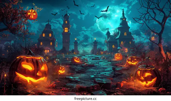 Spooky Halloween Night: Haunted House and Creepy Pumpkins
