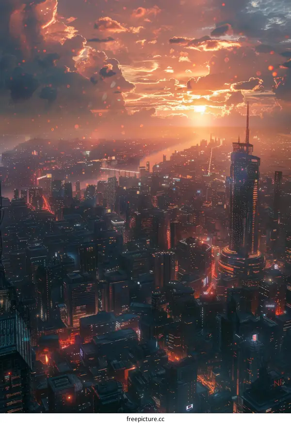 Sunset Cityscape Futuristic Metropolis