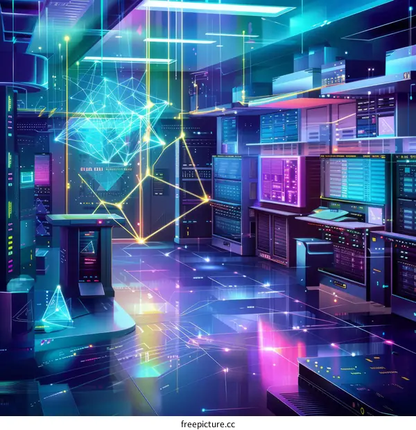 futuristic data center with glowing network connections and servers