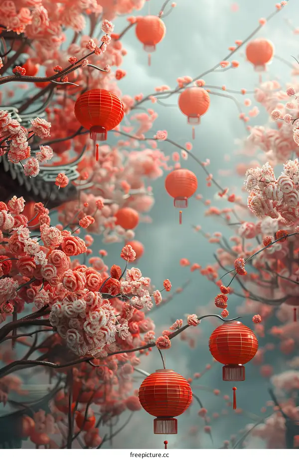 Festive Splendor: Sakura Blossoms and Red Lanterns