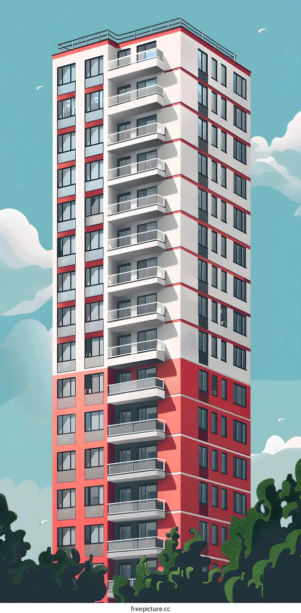 Modern Architecture Building Illustration With Red Accents