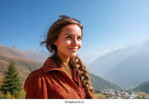 Smiling Woman with Braided Hair in Mountainous Landscape