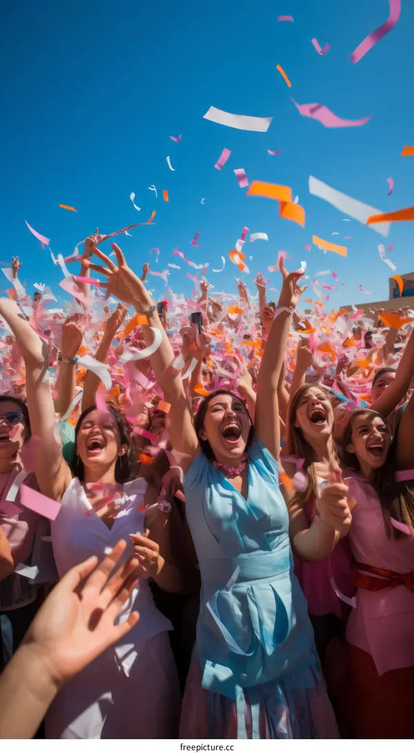 Ecstatic Crowd of Young People Celebrating with Confetti
