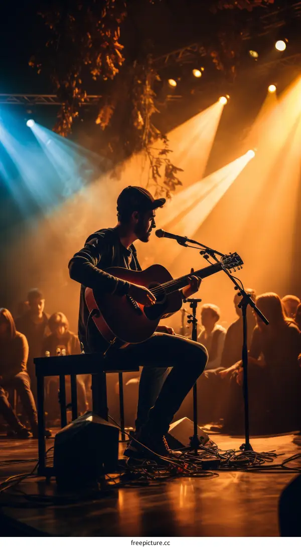 A musician performs guitar and vocals on stage