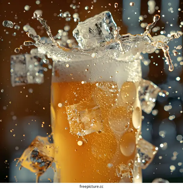 Close Up of a Glass of Beer with Ice Cubes and Water Splashes