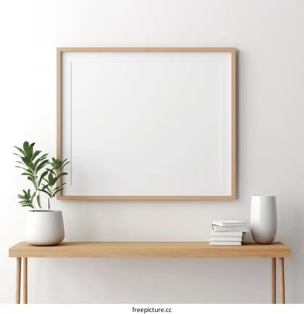 Blank picture frame with a plant and books on a table