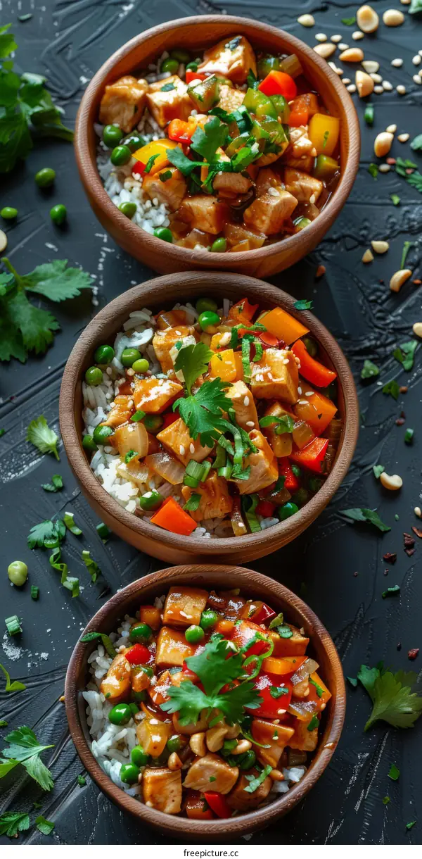 Three bowls of delicious chicken teriyaki with rice