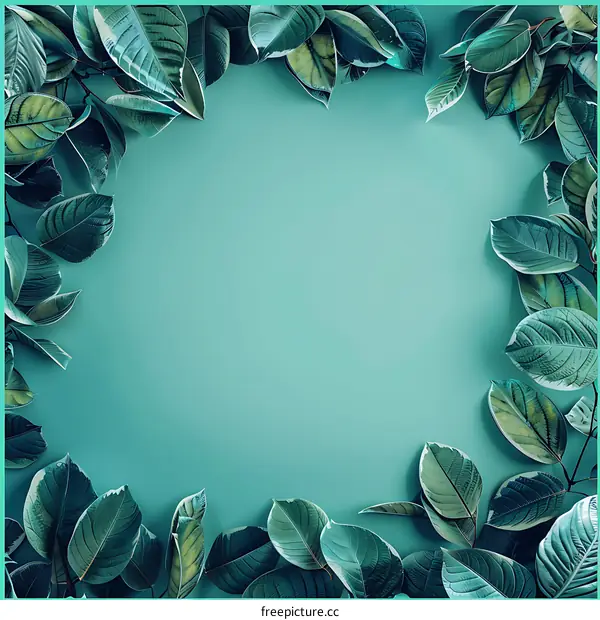 Green Leaves Frame on Turquoise Background