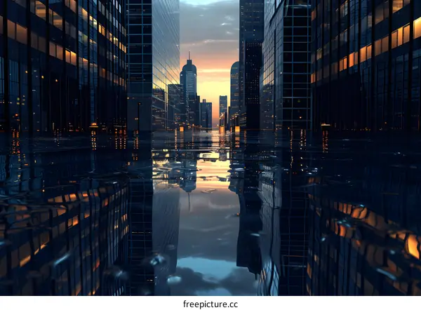 City street flooded with water reflecting skyscrapers