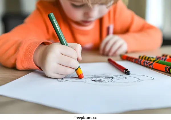 Little Artist Drawing with Colored Pencils on Paper