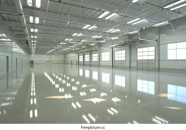 Empty Large Industrial Warehouse Interior with Bright White Walls