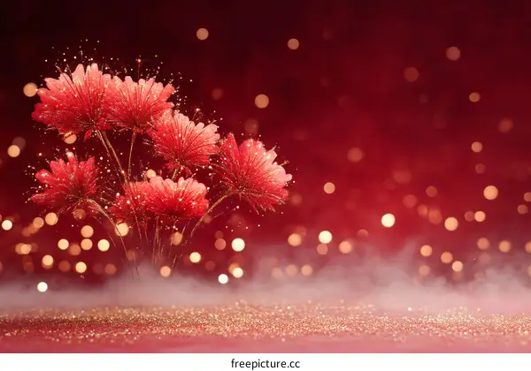 Red Flowers with Golden Sparkles Festive Background