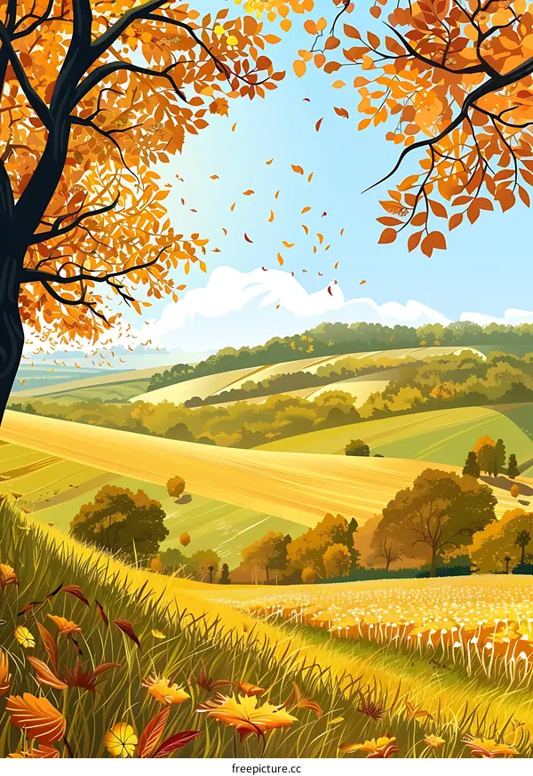 Autumn Landscape with Falling Leaves and Hills