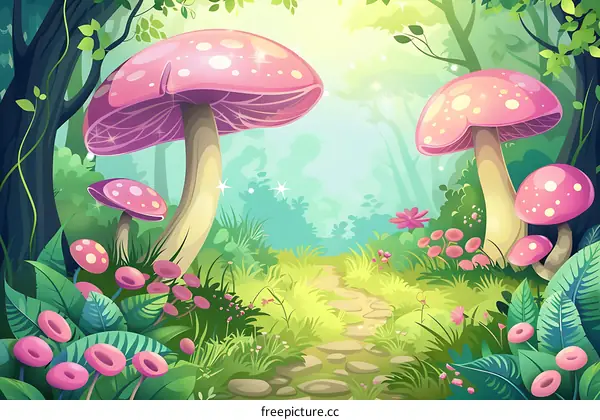 Magical Forest Path With Pink Mushrooms