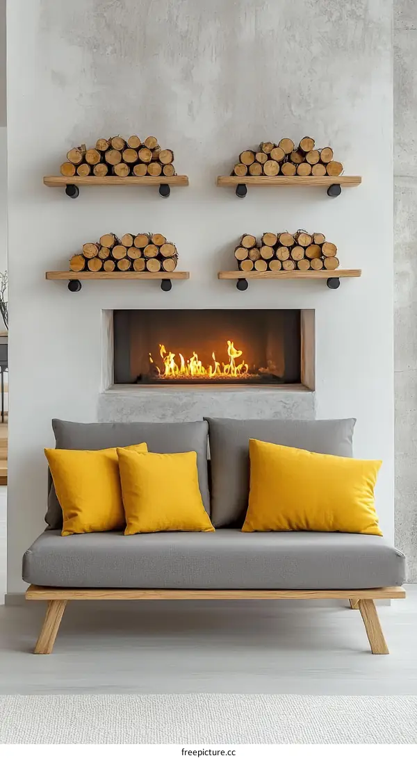 Modern Cozy Living Room with Wooden Shelves and Fireplace