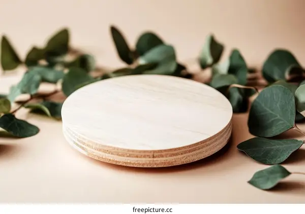 Natural Wooden Display Platform with Eucalyptus Leaves