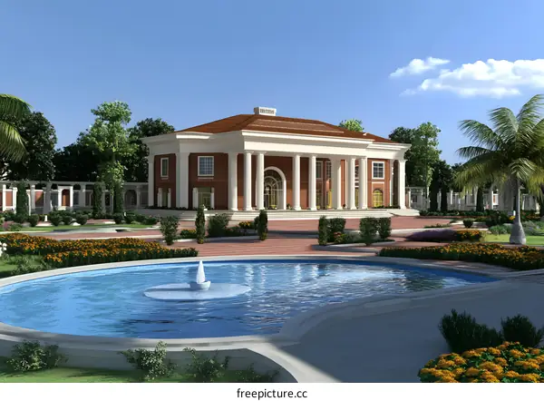 Classic Mansion with Fountain and Lush Landscaping