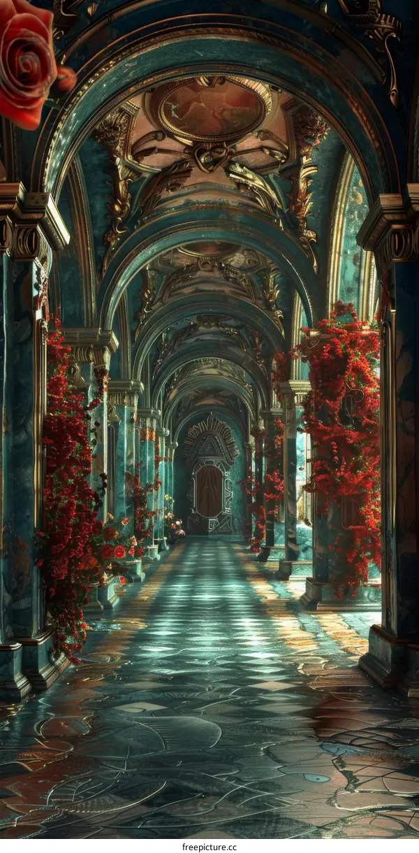 Ornate Palace Hallway with Beautiful Red Flowers