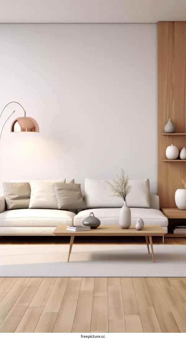 Bright airy living room with white walls and wooden floor