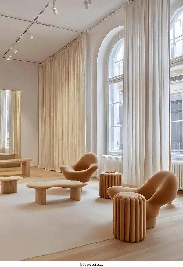 Modern Interior Design with Cream Colored Curtains and Wooden Furniture