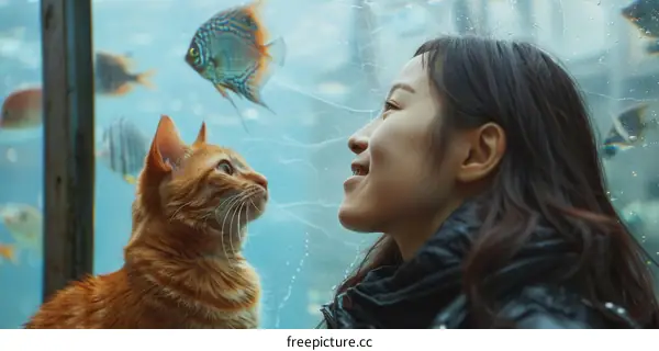 A ginger cat and a woman are looking at each other through a glass window.