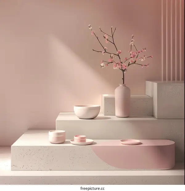 Minimalist Podium Display with Cherry Blossoms in a Vase