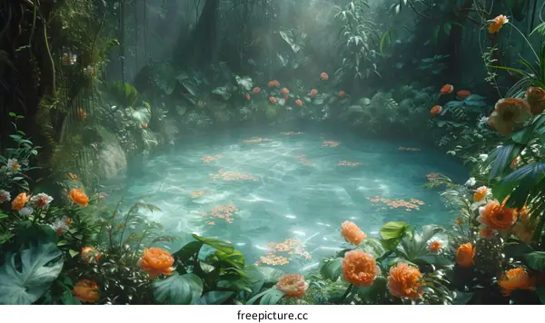 Mystical Garden Pond with Orange Flowers