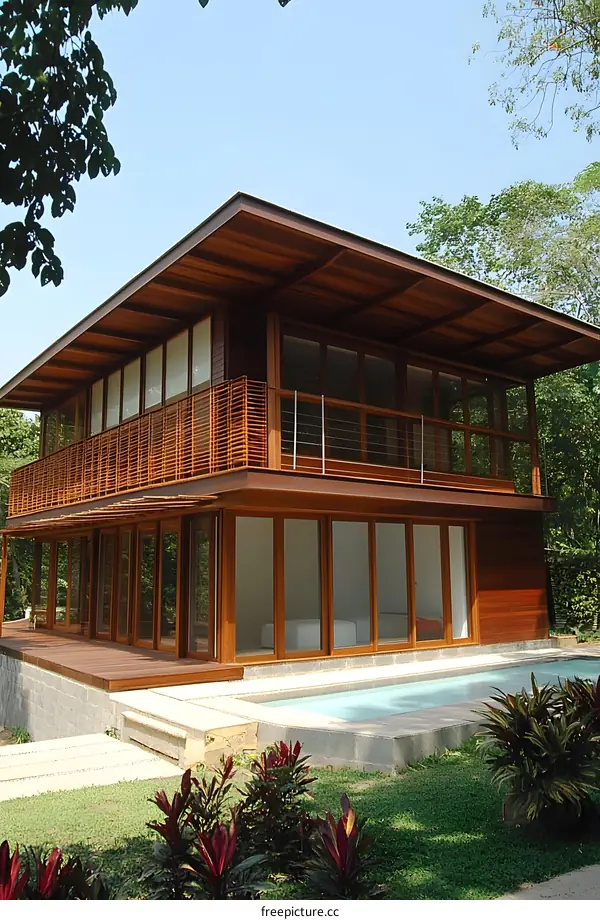 Modern Wooden House With Swimming Pool And Garden