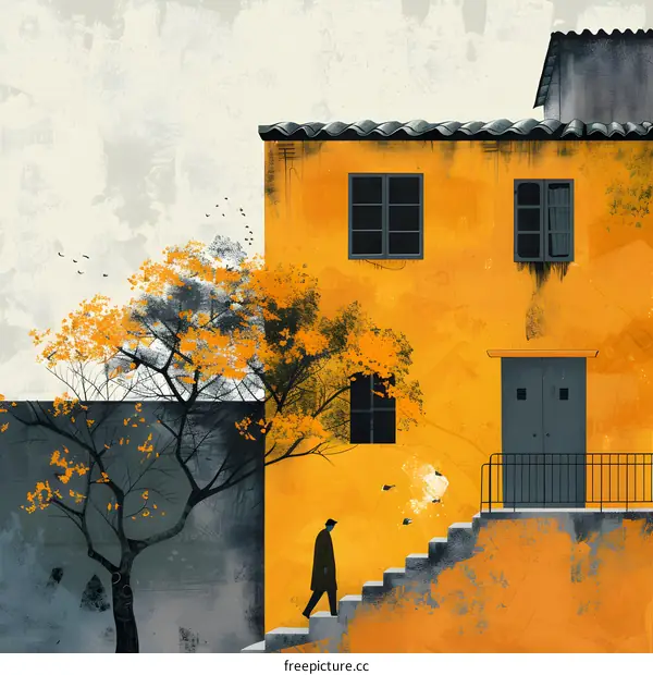 man walking up stairs by yellow building with autumn tree