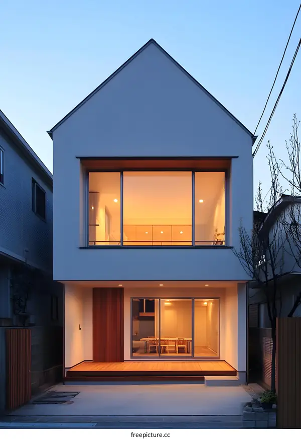 Modern White House with Large Windows and Wooden Deck