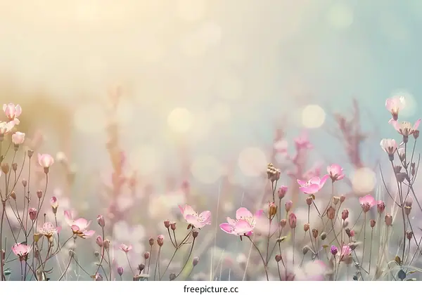 Beautiful Pink Flowers in Spring Field With Bokeh Effect