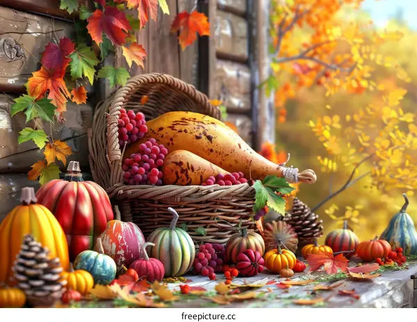 Autumn Harvest of Pumpkins, Gourds, Grapes, and Colorful Leaves