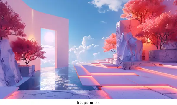 Pink and blue surreal landscape with rocks and trees