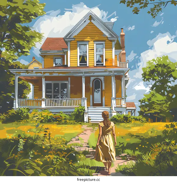 girl walking to the porch of a yellow house